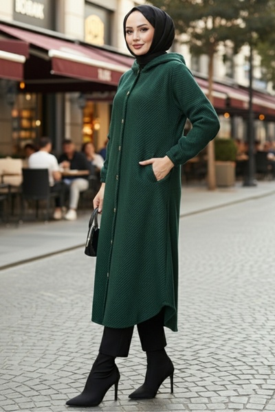 Bestenur Çizgi Detay Kapüşonlu Kaşe Kap 1634 - Zümrüt Yeşili