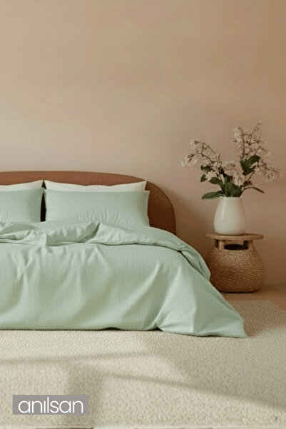 Anılsan Plain Mint Green Single Fitted Sheet Buttoned Duvet Cover Set 100% Co...