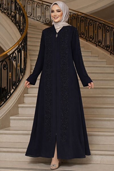 Neva Style Bead Embroidered Navy Blue Hijab Ferace 29127L