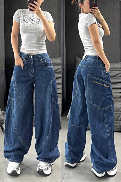 KOTOLOG Широки сини дънки с джобове от Y2k и преден шев