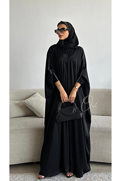 outline عباية سوداء كريستال بقماش صيفي بتصميم بشت مريح