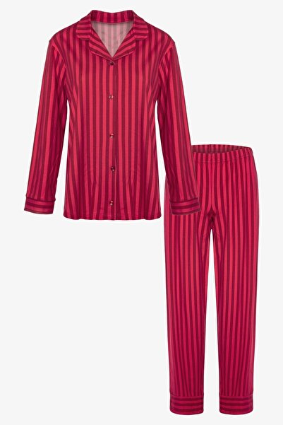 koza iç giyim Kadın Pamuklu Kırmızı Çizgili Gömlek Yaka Uzun Kollu Pijama Takımı
