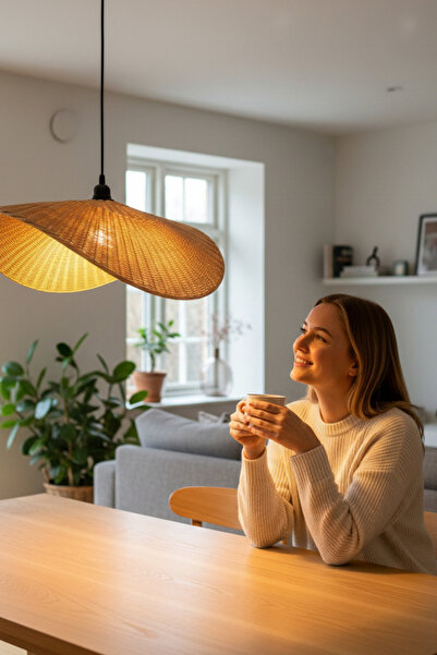 Joujou El Yapımı Rustik Rattan Avize NORDIC 50 cm Çap | Doğal Kök Boya | Bohe...