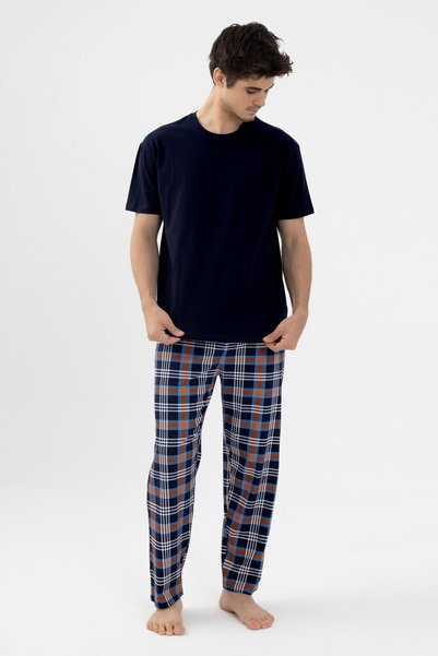 koza iç giyim Men's Short-Sleeved Plaid Patterned Cotton Pajama Set