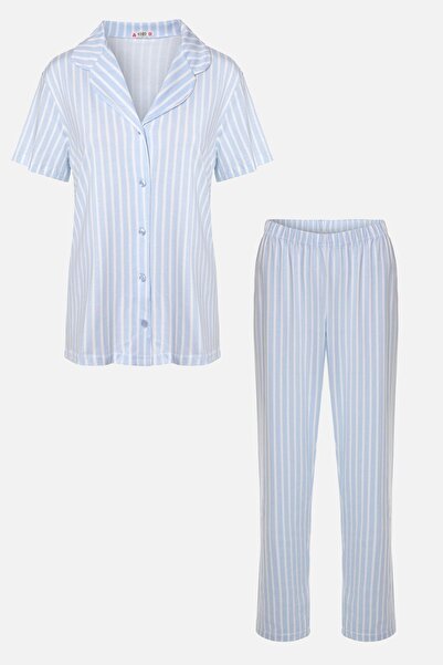 koza iç giyim طقم بيجامة نسائي من القطن باللون الوردي مخطط بأكمام قصيرة