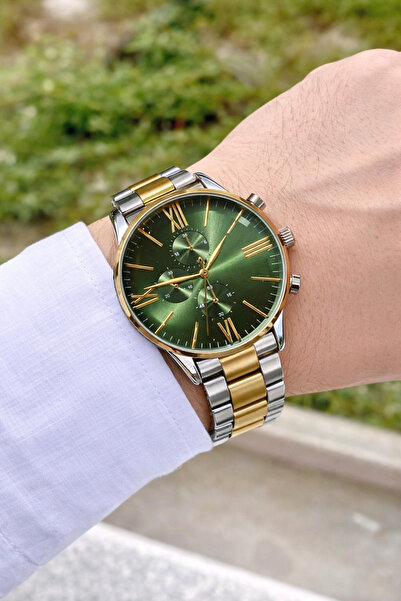 İSTLİV ساعة يد رجالية بقرص هاكي فضي-ذهبي اللون مع أرقام رومانية