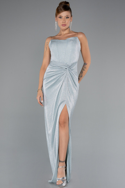 Abiyefon Mint Straplez Bacak Dekolteli Uzun Simli Abiye ABU5339