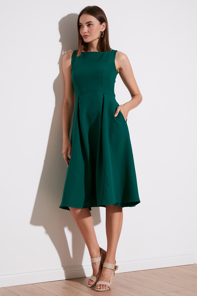 Lela Rochie midi plisată cu buzunare, cu decolteu rotund, cu croiala normală ...