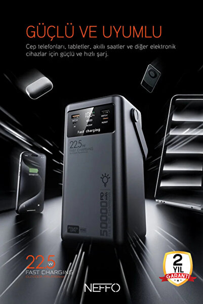 NEFFO 50.000 mAh LED Işıklı Hızlı Şarj Powerbank – USB-C & Çoklu Cihaz Desteği