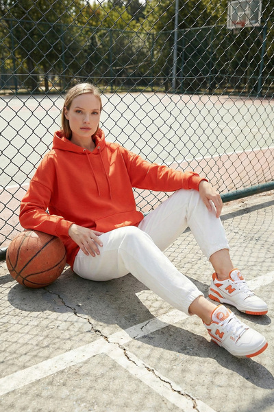 Lela قميص قطني ذو قصة عادية بغطاء رأس ياقة مبطن بالصوف سويت شيرت شتوي 5863854