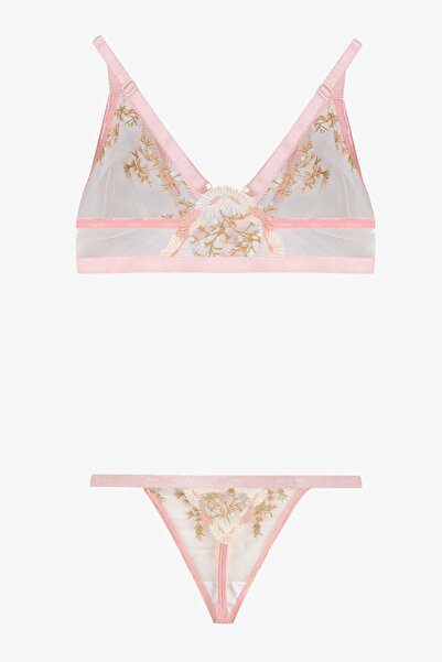 koza iç giyim Kadın Çiçekli Desenli Dolgusuz Brodeli Tüllü Sütyen Takım
