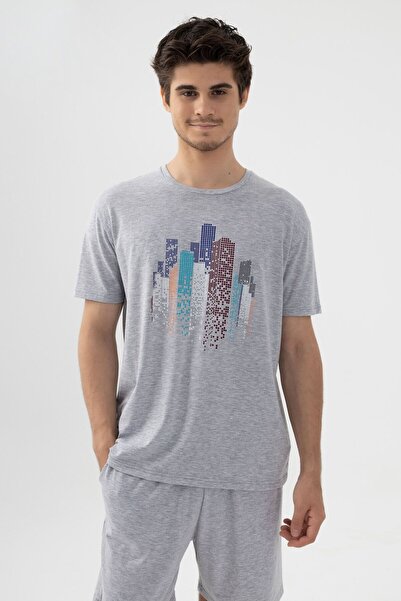 koza iç giyim Men's Gray Melange Printed Pajama Set with Shorts