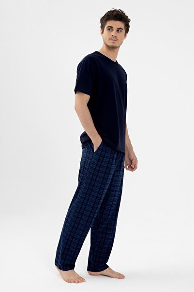 koza iç giyim طقم بيجامة رجالي من القطن بأكمام قصيرة وجيب منقوش باللون الأزرق...