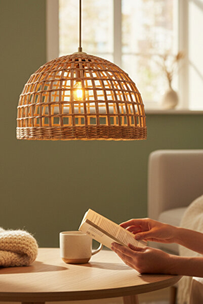 Joujou El Yapımı Rustik Rattan Avize SOHO 35x35 cm | Doğal Kök Boya Vernikli ...