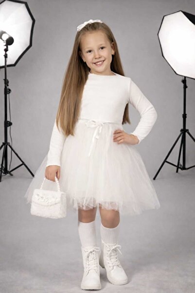 neocotton Tüllü Baskısız Düz Üst Kısım Ribana Alt Kısım Astarlı Tütü Etek Kız...