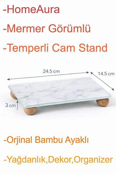 AuraStile Marble Patterned Glass Oil Container with Bamboo Legs, Soap Dish, D...