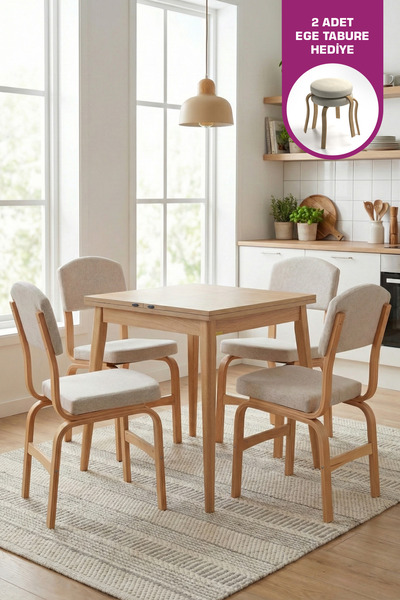 VİLİNZE Ege Sandalye Avanos Ahşap MDF Kanatlı Mutfak Masası Takımı - 70x70+70 cm