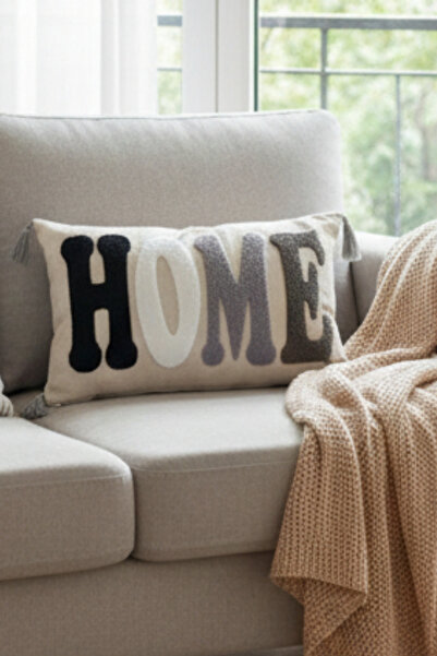 e-Bizz Store 1 Adet Punch Nakışlı Home Yazılı & Desenli Kırlent Kılıfı