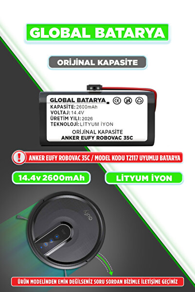 GLOBAL BATARYA Eufy Robovac 35c Akıllı Uyumlu Robot Süpürge Bataryası 14.4v 2...
