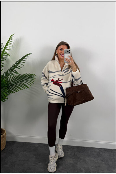 Mzr Collection KADIN KAYAK DESEN SUNİ YÜN FERMUARLI CEPLİ SWEATSHİRT