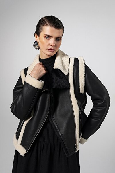 Valmenti Kadın Siyah Hakiki Deri Mont