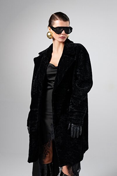 Valmenti Kadın Kuzu Kürk Siyah Kaban