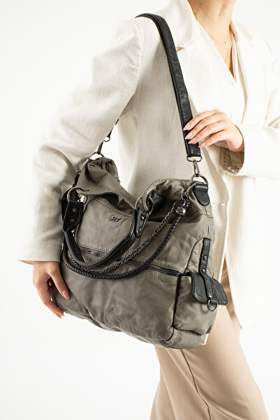 571 Collections Çanta حقيبة كتف جلدية رمادية مغسولة - موديل: 571-9-10E