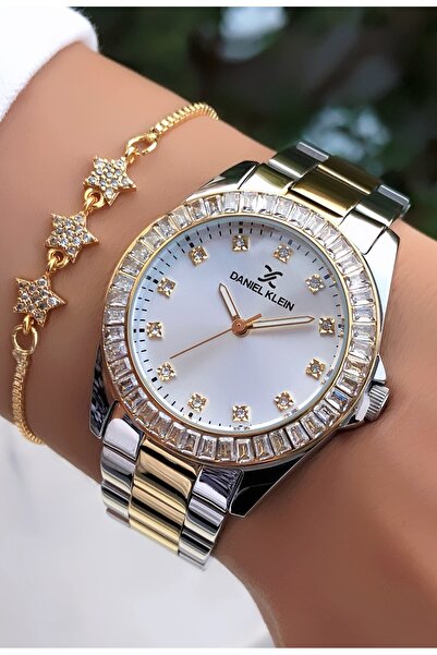 Daniel Klein ساعة نسائية باللون الذهبي والفضي مع سوار هدية