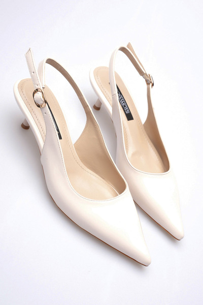 AleWomen حذاء نسائي من الجلد الكريمي اللامع بكعب 4 سم ومقدمة مدببة مفتوحة من ...