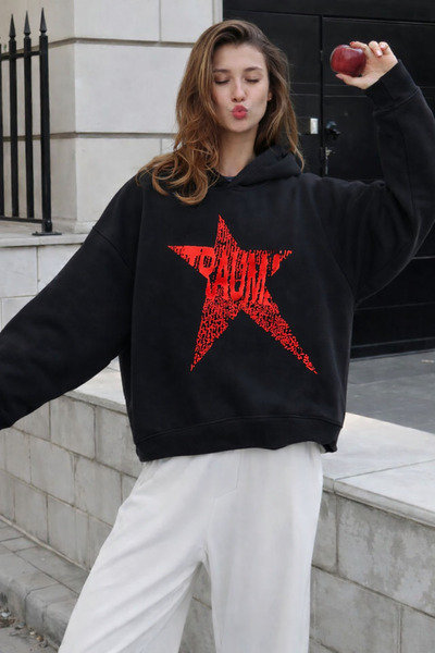 BAİA COLLECTION Siyah Travma Yıldızı Kapüşonlu Oversize Sweatshirt