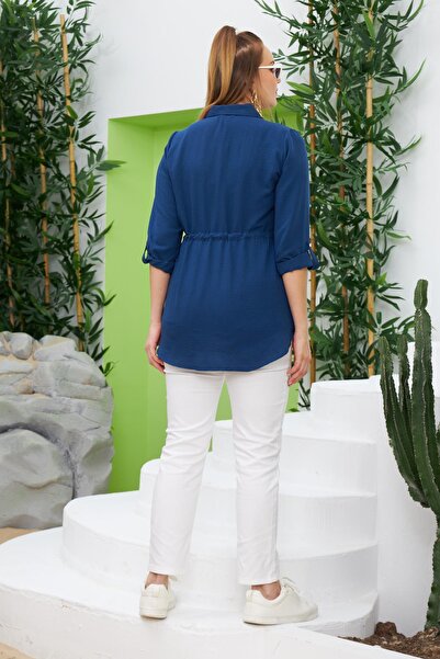 RMG Bel Bağcık Detaylı Fermuarlı Büyük Beden İndigo Ceket