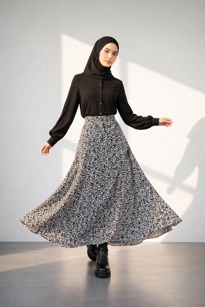 snmbutik Flared Skirt Black Color with White Floral Pattern Detail