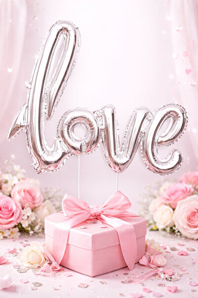 Parti dolabı 1 Adet Gümüş Gri Love İmzalı Folyo Balon 70cm x 36cm Romantik Sü...