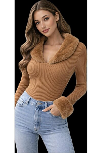 UPARS triko kazak yakası kürklü uzun kollu