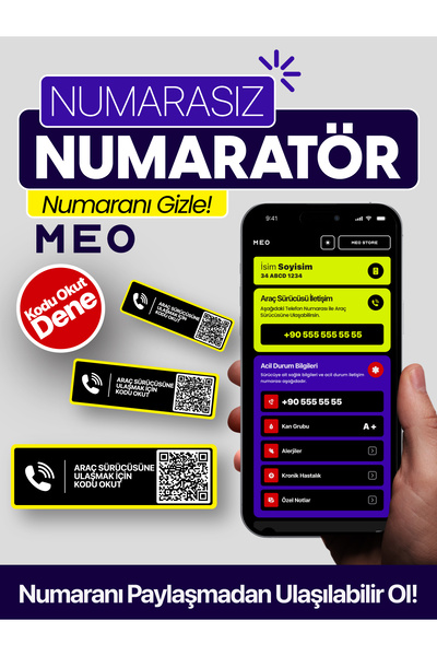 MEO Teknoloji Karekodlu Araç Numaratörü - Araç İçi Park Telefon Numarası - Ak...