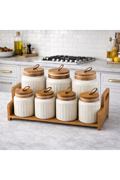 Dania طقم علب سكر وشاي وبهارات سيراميك مع حامل خشب – 7 قطع ✨