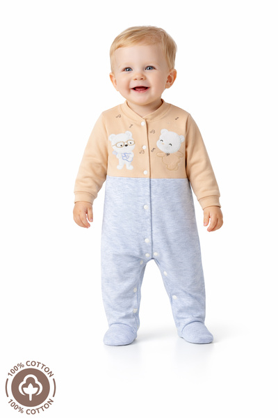 Miniel Unisex Bebek Notalı Ayıcık Nakışlı 3-6-9 Ay Penye Organik Pamuklu Pati...