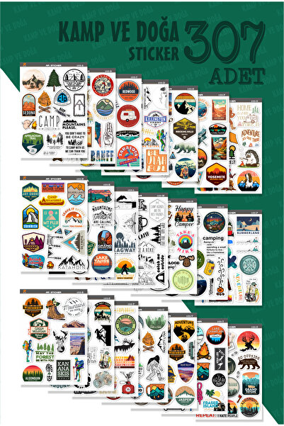 AR Sticker -Kamp ve Outdoor Temalı Sticker Seti 307 Adet – Seyahat, Doğa, Van...