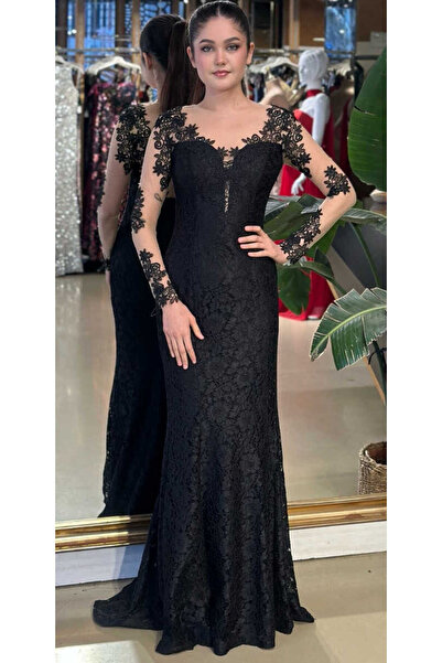 Abiyeniall فستان سهرة طويل من الدانتيل بأكمام طويلة من الدانتيل باللون الأسود...