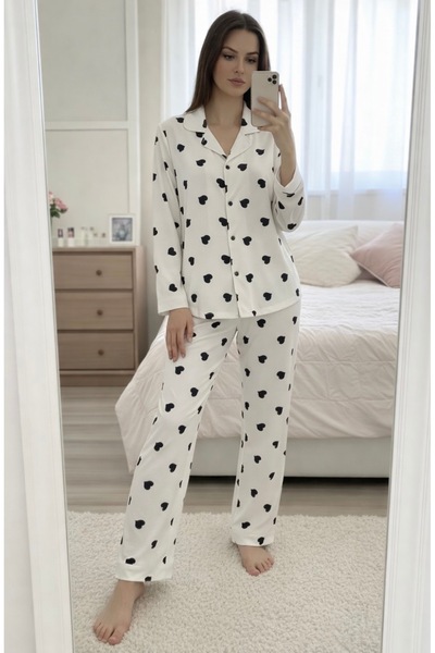 WALJA Kadın Süet Kumaş Yumuşacık Uzun Kollu Kalp Desenli Pijama Takımı