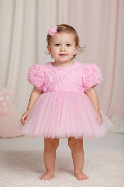 Le Mabelle Pink Rose Detailed Baby Girl Dress - Elina