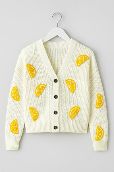 Hilal Akıncı Kids Girl's Embroidered Lemon Motif Knit Cardigan and Hair Clip