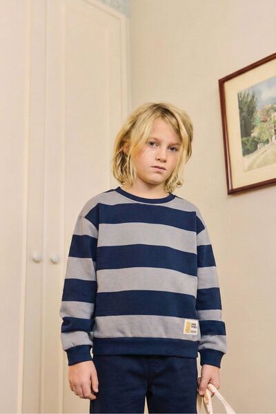 Cigit Swea tricou 4-12 ani gri bleumarin cu dungi