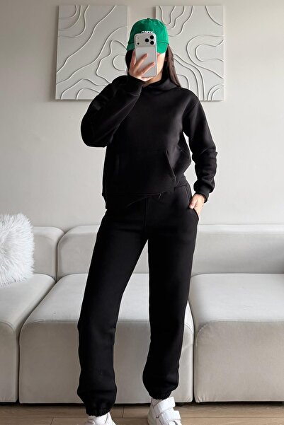 Behind Look طقم بدلة رياضية نسائية مكونة من مبطن بالصوف قطع بغطاء للرأس وسروا...