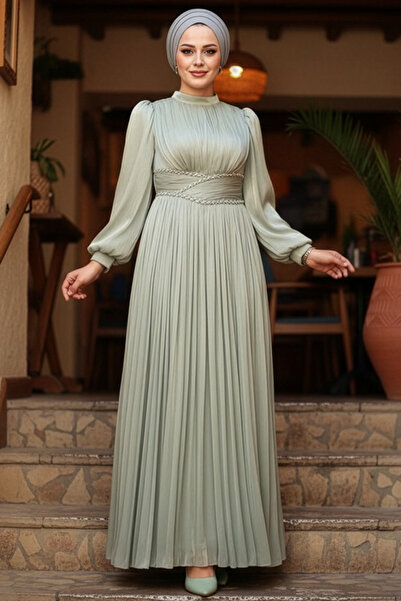 N.S NEVA STYLE Βραδινό φόρεμα Hijab με λεπτομέρεια από ντραπέ 54041MINT