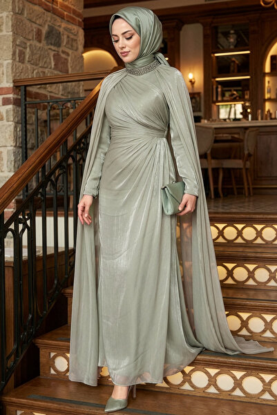 N.S NEVA STYLE - فستان سهرة محتشم بتصميم عباءة بلون النعناع 54391MINT