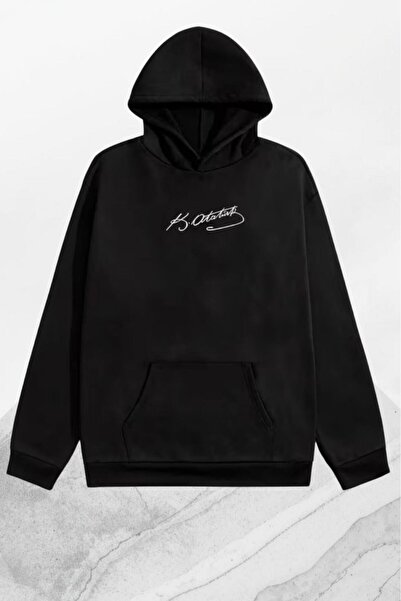 NO 601 سويت شيرت بقلنسوة أسود للجنسين موقّع من أتاتورك مطبوع