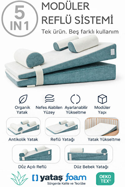 SABY 5 in 1 Modüler Bebek Reflü Yatağı – Antikolik - Düz Yatış - 30° Açılı Re...