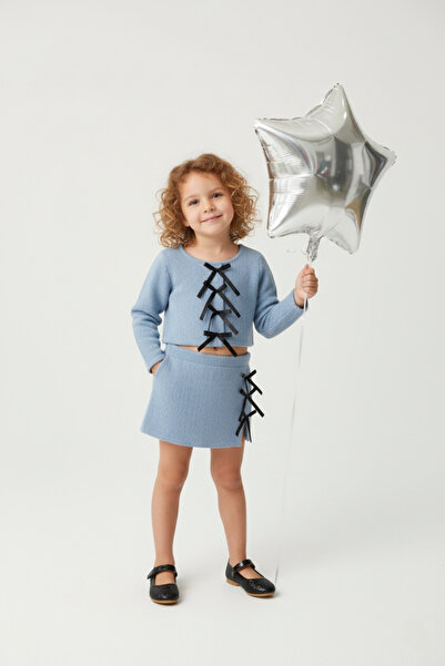 Le Mabelle Blue Bow Detailed Girls' Skirt Jacket Set - Silvana