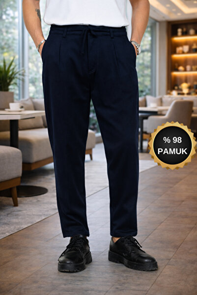 Megalomans Navy Blue Woolen Lace-Up Trousers